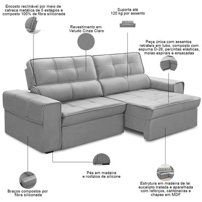 Sofá Retrátil Reclinável Para Sala 3 Lugares 210cm Samir F04 Veludo Cinza Claro - Lyam Decor
