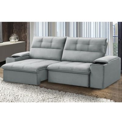Sofá Retrátil Reclinável Para Sala 3 Lugares 210cm Zayn F04 Veludo Cinza Claro - Lyam Decor