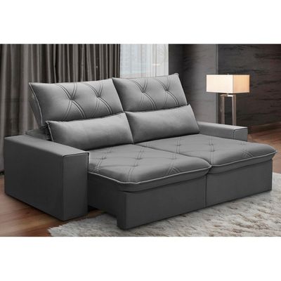 Sofá Retrátil Reclinável Para Sala 3 Lugares 210cm Aires F04 Veludo Cinza Escuro - Lyam Decor