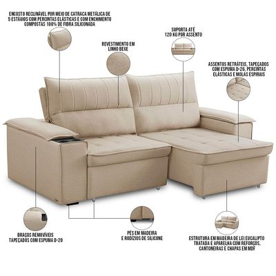 Sofá Retrátil Reclinável 3 Lugares Sala de Estar 210cm Hilst F04 Linho Bege - Lyam Decor