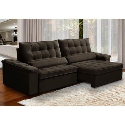 Sofá Retrátil Reclinável Para Sala 4 Lugares 290cm Maresi F04 Veludo Marrom Escuro - Lyam Decor