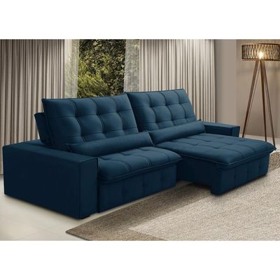 Sofá Retrátil Reclinável Para Sala 4 Lugares 290cm Curie F04 Veludo Azul - Lyam Decor