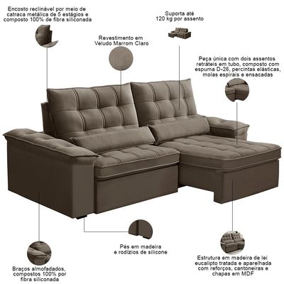 Sofá Retrátil Reclinável Para Sala 3 Lugares 230cm Maresi F04 Veludo Marrom Claro - Lyam Decor