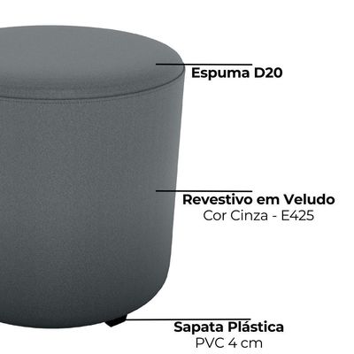Puff Redondo Decorativo Copenhage 43x43 Cm Veludo Milani Store Cinza