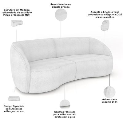 Kit Sofá 4 Lugares Eron 240cm Com Poltrona Giratória Angelina M03 Bouclê Branco - Lyam Decor