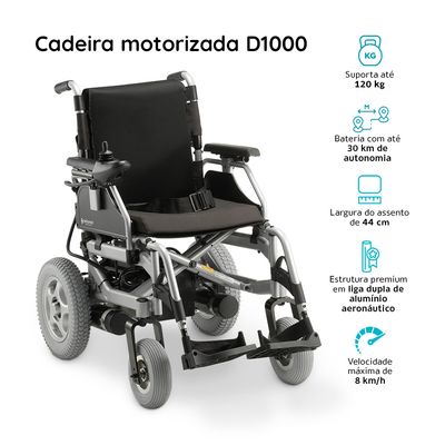 Cadeira de Rodas Motorizada em Alumínio Dobrável até 135 Kg Assento de 45 cm D1000 Dellamed Prata