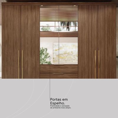 Guarda Roupa Casal Giardino 6 Portas 4 Gavetas Nogueira Touch Com Espelho E Pés - Demóbile Nogueira Touch