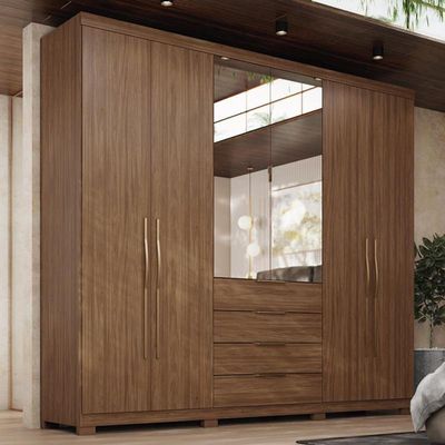 Guarda Roupa Casal Giardino 6 Portas 4 Gavetas Nogueira Touch Com Espelho E Pés - Demóbile Nogueira Touch