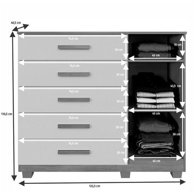 Cômoda França 5 Gavetas 1 Porta Ripada 2 Prateleiras Cinamomo Off