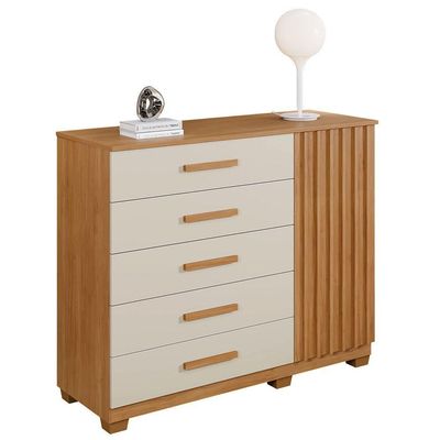 Cômoda França 5 Gavetas 1 Porta Ripada 2 Prateleiras Cinamomo Off