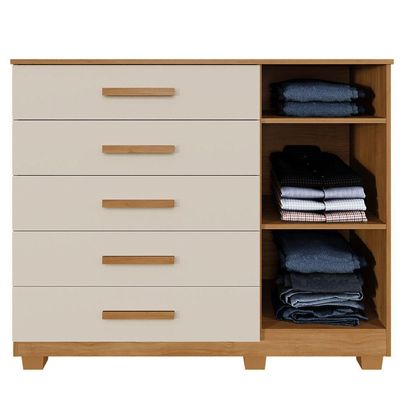 Cômoda França 5 Gavetas 1 Porta Ripada 2 Prateleiras Cinamomo Off