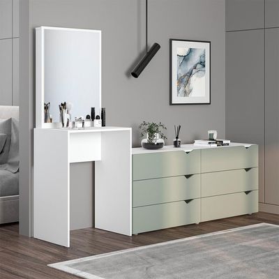 Cômoda com Espelho Porto 6 Gavetas Branca e Verde