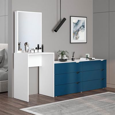 Cômoda com Espelho Porto 6 Gavetas Branca e Azul