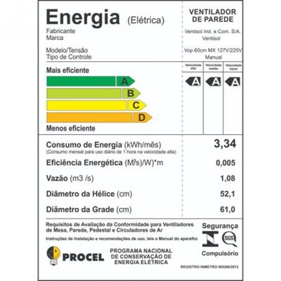 Ventilador de Parede Oscilante 60 cm Ventisol Preto / Bivolt