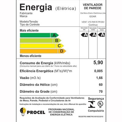 Ventilador De Parede 70cm Preto 270 Watts Bivolt - V70pprrb - Goar