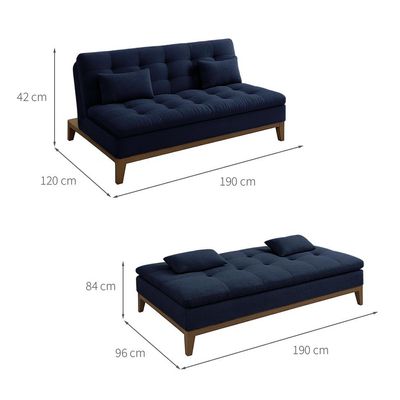 Sofá-Cama Casal 3 Lugares Premium Base e Pés de Madeira Linho Azul Marinho