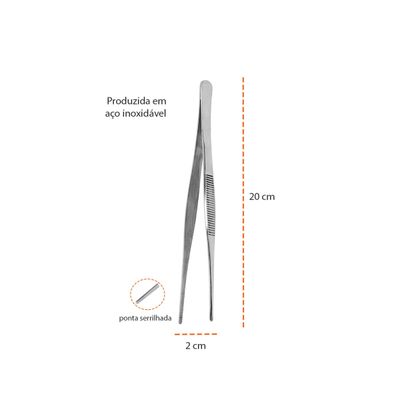 Pinça Culinaria Profissional Pegador Ponta Reta Serrilha Inox 20cm