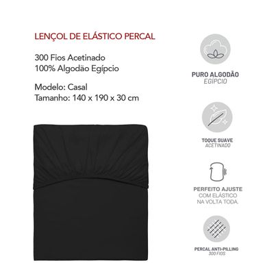 Lençol Elastico Preto CASAL Algodao Egipcio 300 Fios Acetinado