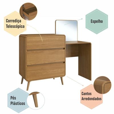 Cômoda Penteadeira Multifuncional Com Espelho E 3 Gavetas Grande Para Quarto Estilo Retrô Carvalho Xingu