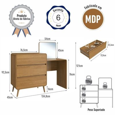 Cômoda Penteadeira Multifuncional Com Espelho E 3 Gavetas Grande Para Quarto Estilo Retrô Carvalho Xingu
