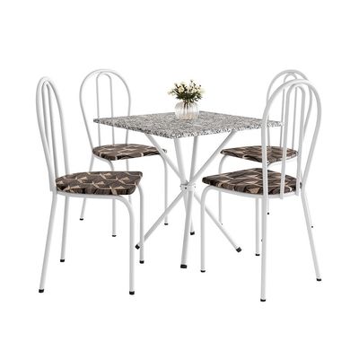 Conjunto de Mesa Quadrada com Tampo Granito e 4 Cadeiras Léia Revestimento Sintético Branco e Palha