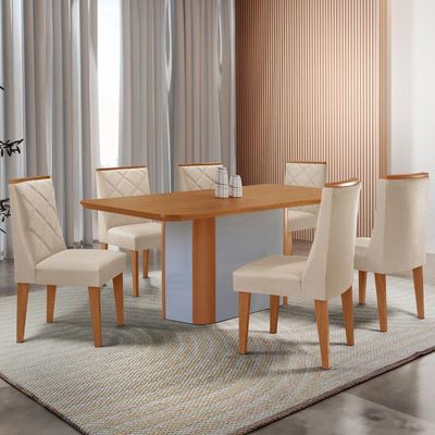 Conjunto Mesa De Jantar Isadora Tampo Mdf 6 Cadeiras Isadora Moderna Veludo Creme Naturale