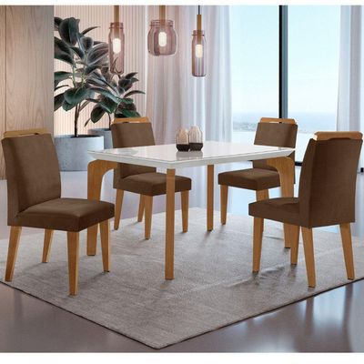 Conjunto Mesa Liz 120cm Com Vidro 4 Cadeiras Athenas Moderna Veludo Marrom Off White Imbuia