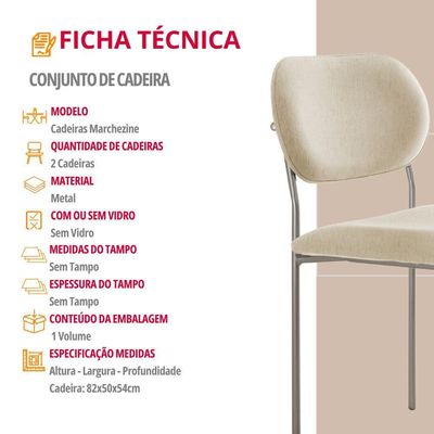 Conjunto Com 2 Cadeiras Metal Marchezine Moderna Mobilia Linho Off White Prata