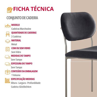 Conjunto Com 2 Cadeiras Metal Marchezine Moderna Mobilia Linho Preto Prata