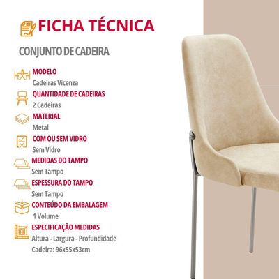 Conjunto Com 2 Cadeiras Metal Vicenza Moderna Mobilia Milano Prata