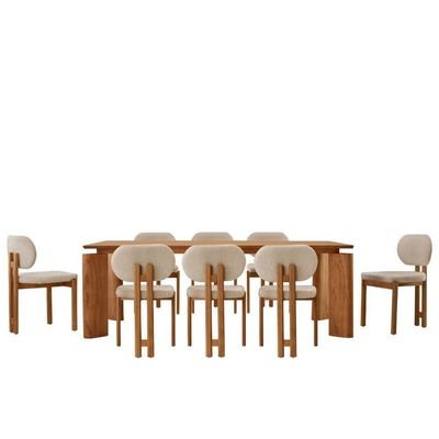 Mesa De Jantar Nala 220cm Madeira Tampo Laminado 8 Cadeira Nala Linho Off Imbuia Natural