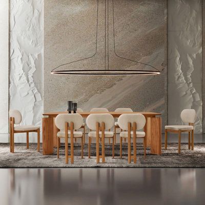 Mesa De Jantar Nala 220cm Madeira Tampo Laminado 8 Cadeira Nala Linho Off Imbuia Natural