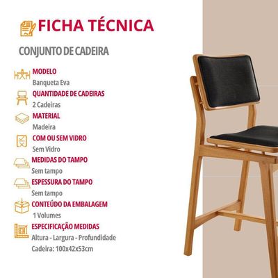 Conjunto Com 2 Banquetas Eva Moderna Linho Preto Imbuia Natural