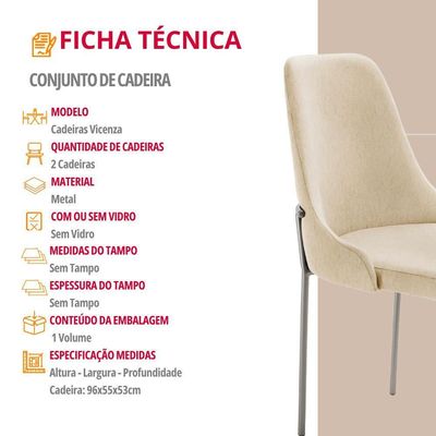 Conjunto Com 2 Cadeiras Metal Vicenza Moderna Mobilia Linho Off White Prata
