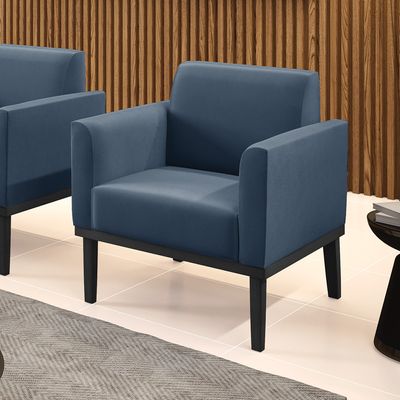 Poltrona Base de Madeira Fixa Preto Marisa Suede Azul Marinho