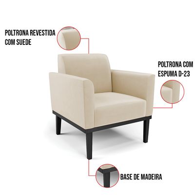 Poltrona Base de Madeira Fixa Preto Marisa Suede Bege