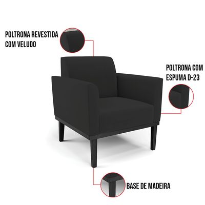 Poltrona Base de Madeira Fixa Preto Marisa Veludo Preto