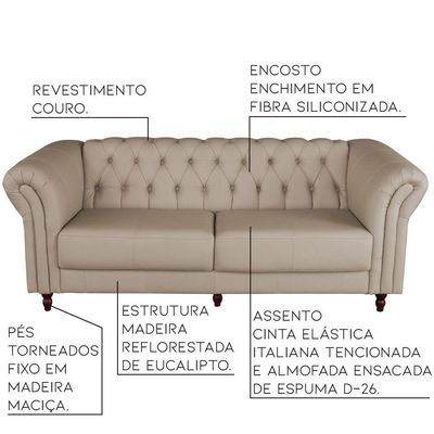 Sofá 3 Lugares 220cm Couro Bege