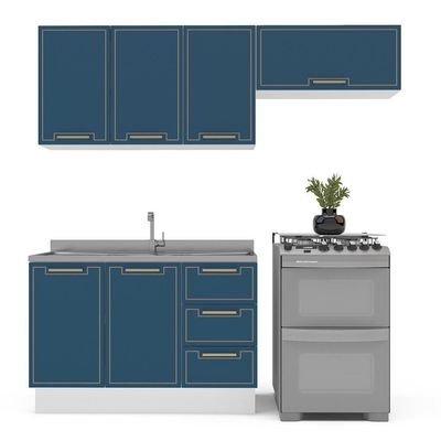 Cozinha Compacta Sem Tampo com Rodapé Amara 6 Portas 3 Gavetas Azul e Branca