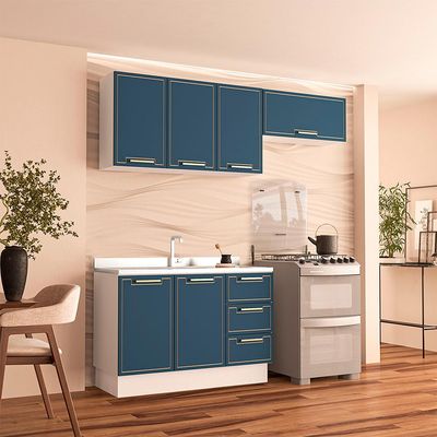 Cozinha Compacta Sem Tampo com Rodapé Amara 6 Portas 3 Gavetas Azul e Branca