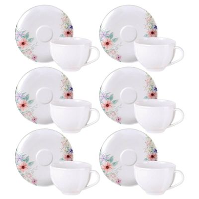 Jogo 6 Xícaras com Pires Chá Café 250ml Tramontina Floratta Porcelana Floral Servir Mesa Posta