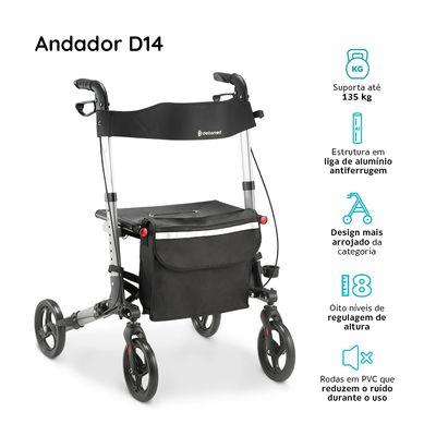 Andador de Alumínio Compacto 4 Rodas até 135 Kg D14 Dellamed Preto
