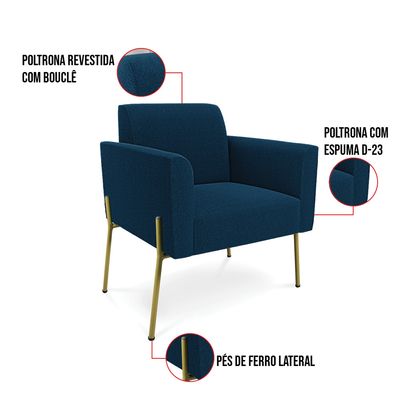 Poltrona Sala Estar Pé Ferro Dourado Kit 2 Marisa Bouclê Azul D03 - D'Rossi