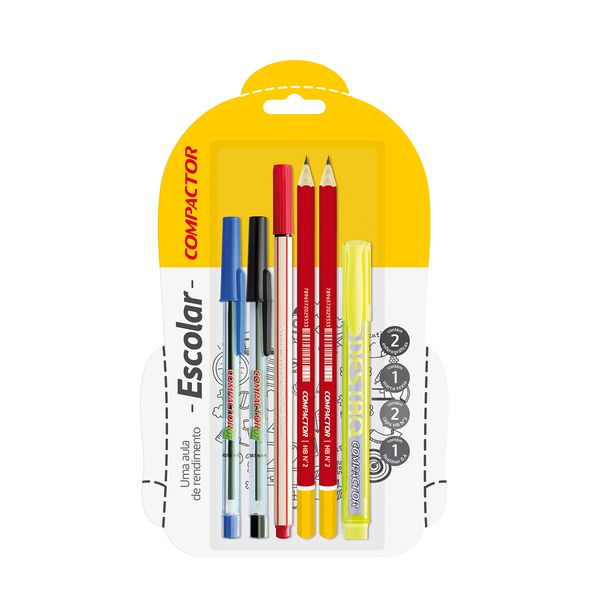 Kit Escrita Compactor com 3 Canetas, 2 Lápis e 1 Marca Texto Amarelo Kit Escrita Compactor com 3 Canetas, 2 Lápis e 1 Marca Texto Amarelo