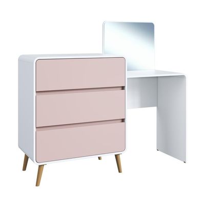 Cômoda Penteadeira Multifuncional Com Espelho E 3 Gavetas Grande Para Quarto Estilo Retrô Branco Com Rosa