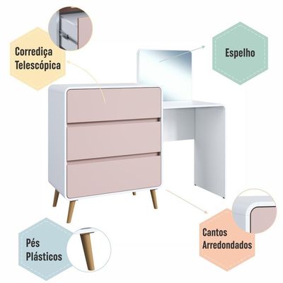 Cômoda Penteadeira Multifuncional Com Espelho E 3 Gavetas Grande Para Quarto Estilo Retrô Branco Com Rosa