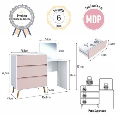 Cômoda Penteadeira Multifuncional Com Espelho E 3 Gavetas Grande Para Quarto Estilo Retrô Branco Com Rosa