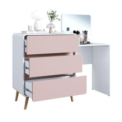 Cômoda Penteadeira Multifuncional Com Espelho E 3 Gavetas Grande Para Quarto Estilo Retrô Branco Com Rosa