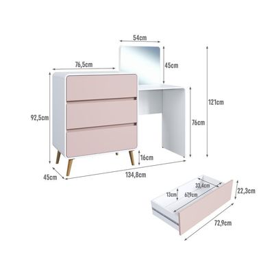 Cômoda Penteadeira Multifuncional Com Espelho E 3 Gavetas Grande Para Quarto Estilo Retrô Branco Com Rosa