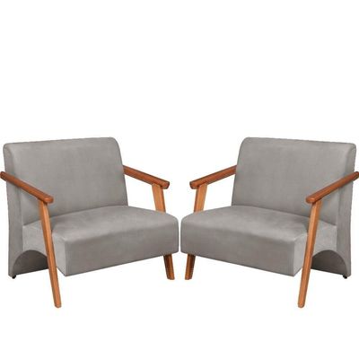 Poltrona Namoradeira Venus Braço Madeira Maciça Suede Unidecor Cinza